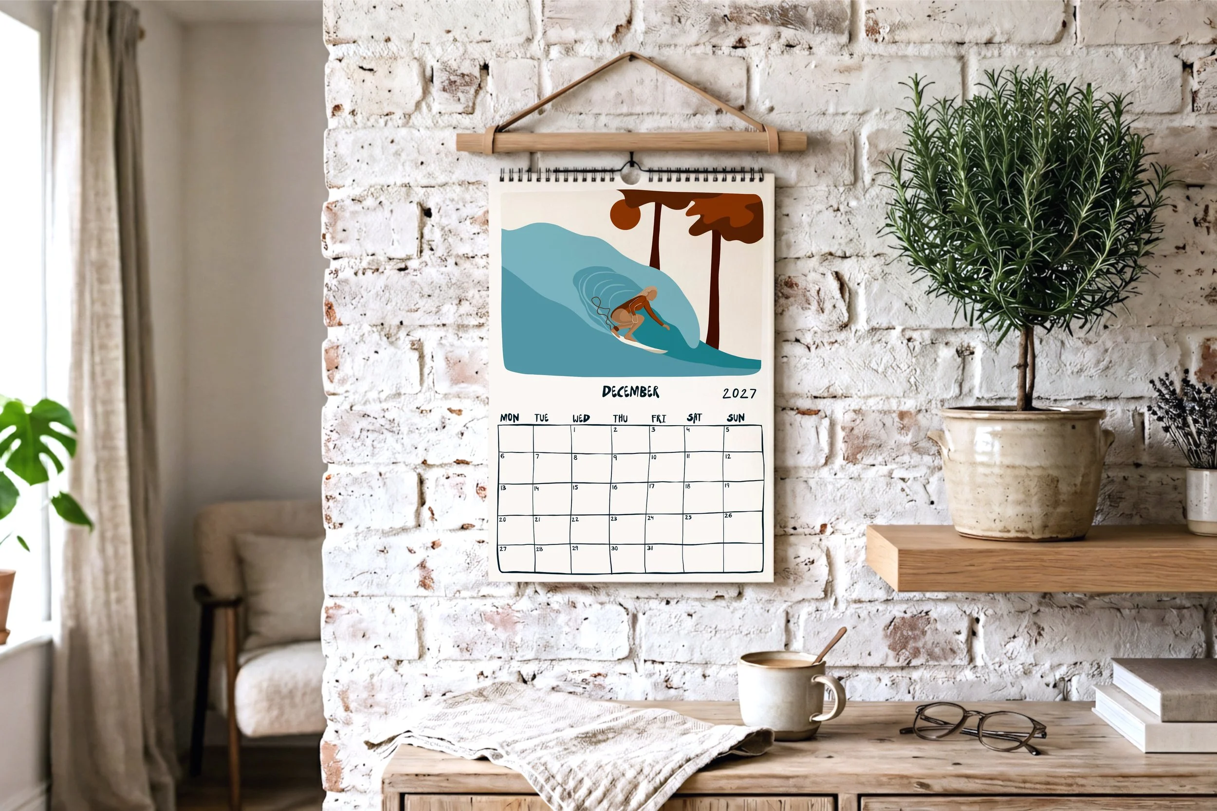 December calendar page with surfer girl getting barrelled artwork in soft coastal tones