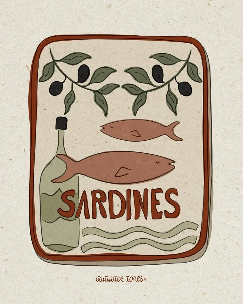 A stylized illustration of canned sardines with a bottle of olive oil, two sardines, olive branches above, and waves below, with the word 'SARDINES' prominently displayed.