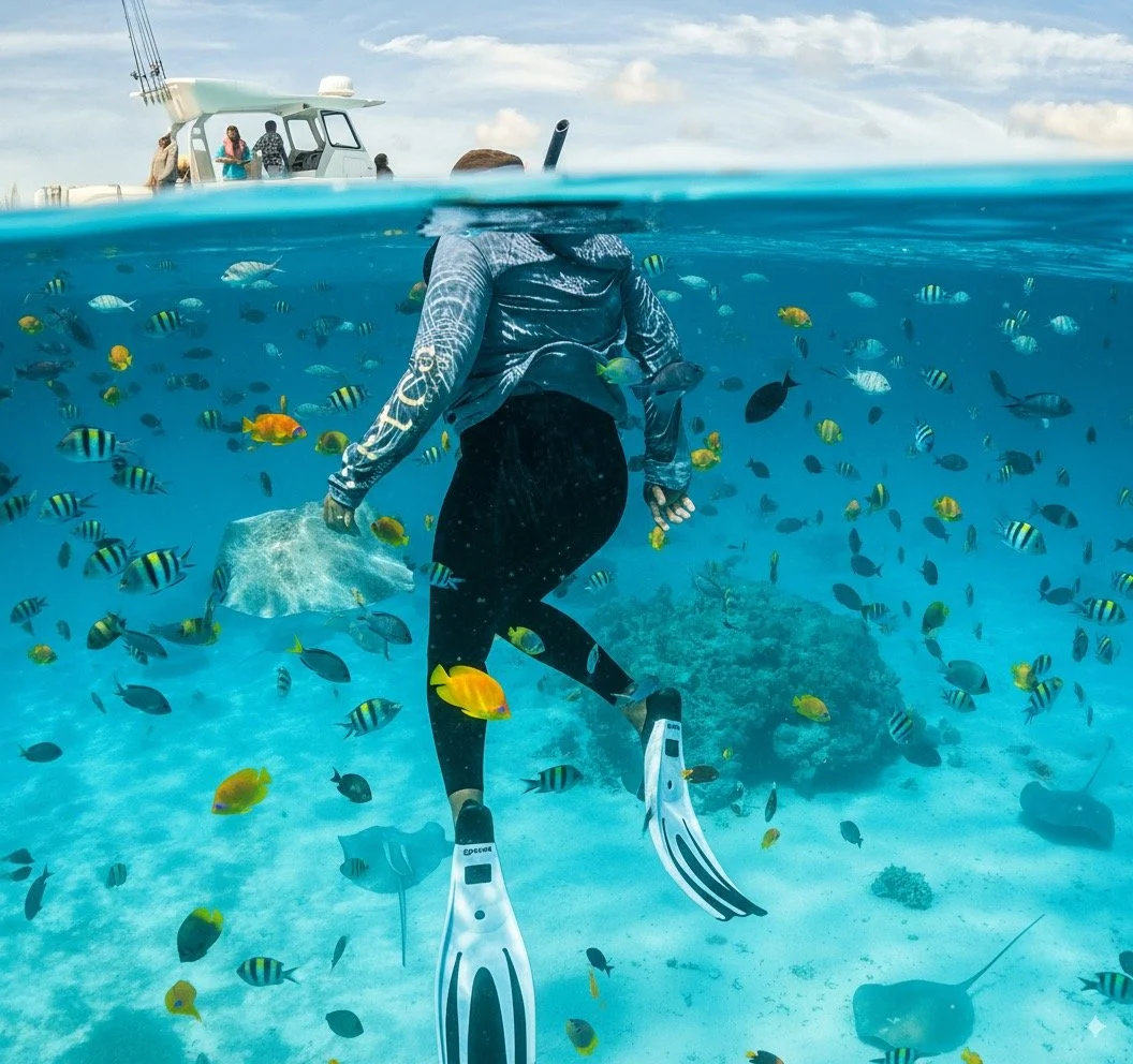 A person wearing a jacket and fins is snorkeling underwater among colorful fish near a coral reef, with a boat visible above the water.
