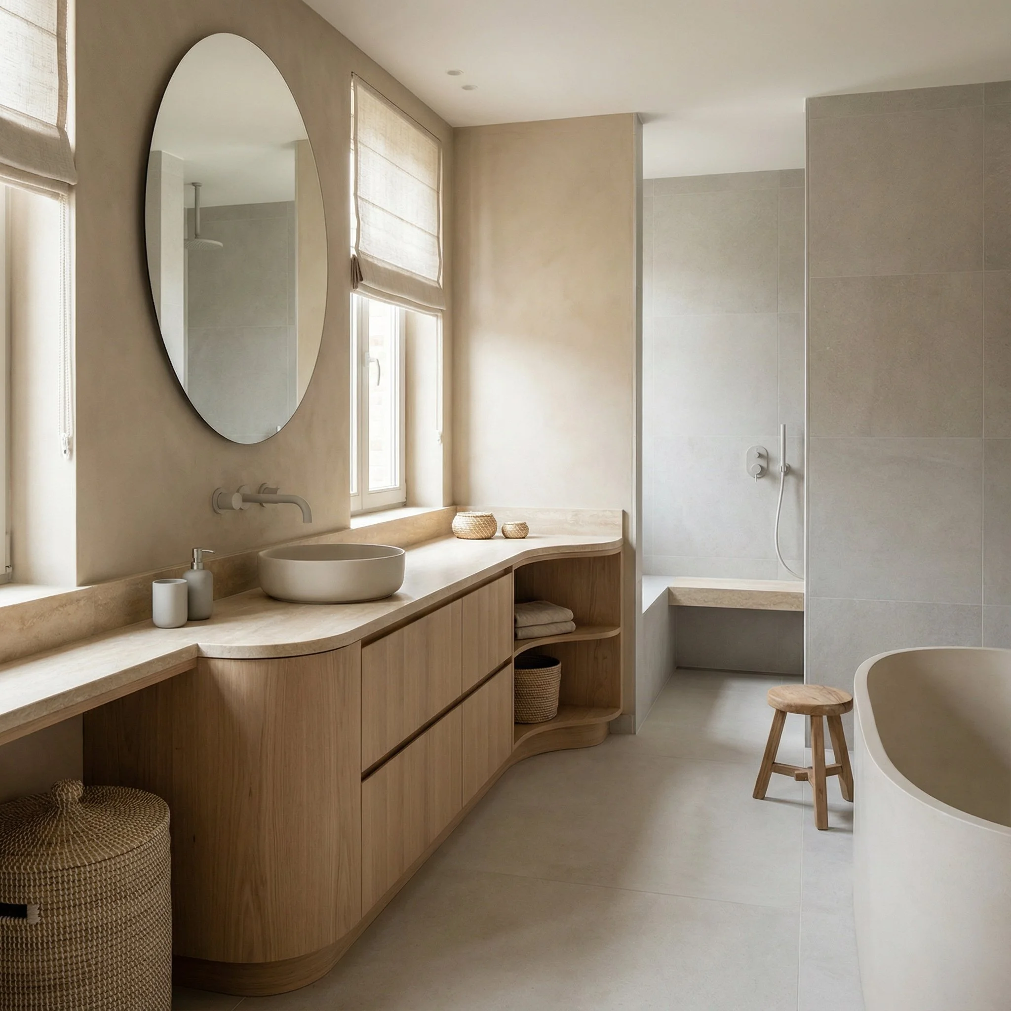 Custom wooden bathroom furniture with integrated storage by Merchel Stolarka