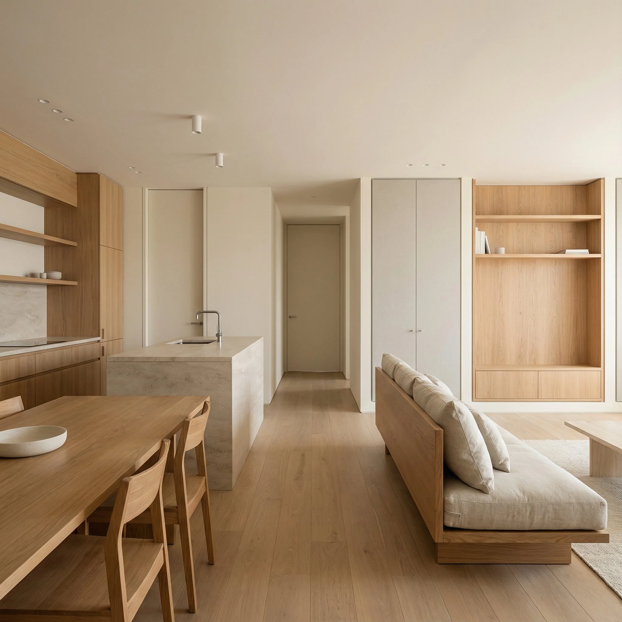 Minimalist hidden wooden doors integrated with interior walls, Merchel Stolarka