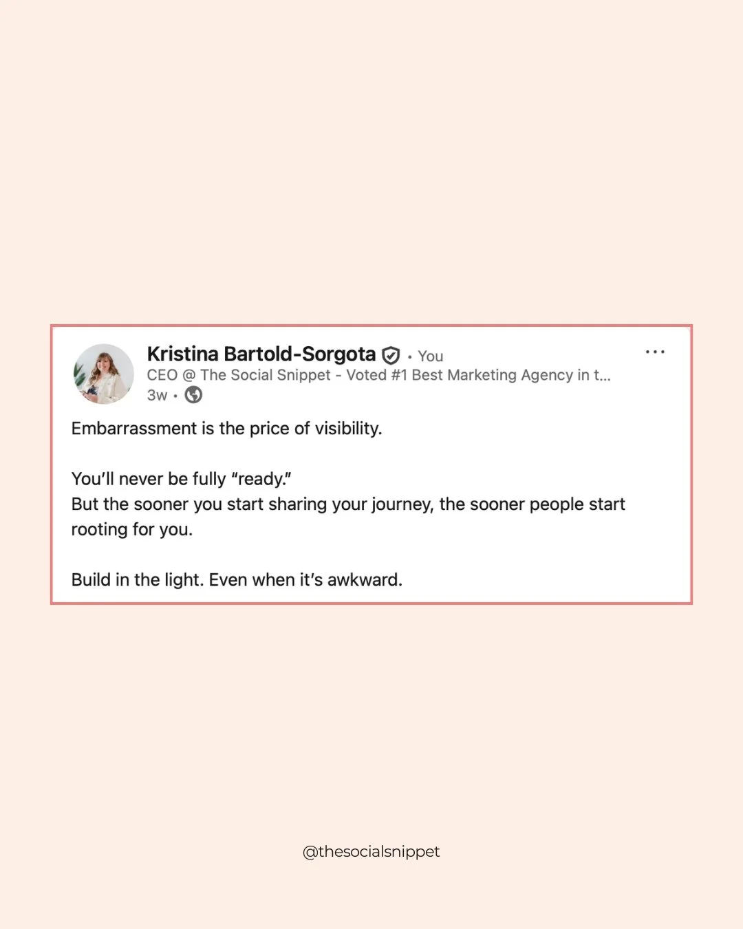 You&rsquo;ve planned enough. Thought about it enough. Overthought it enough.⁠
⁠
It&rsquo;s time to just start &mdash; with a little embarrassment, maybe some fear, and probably before you feel ready.⁠
⁠
Be willing to show up a little messy. No one re