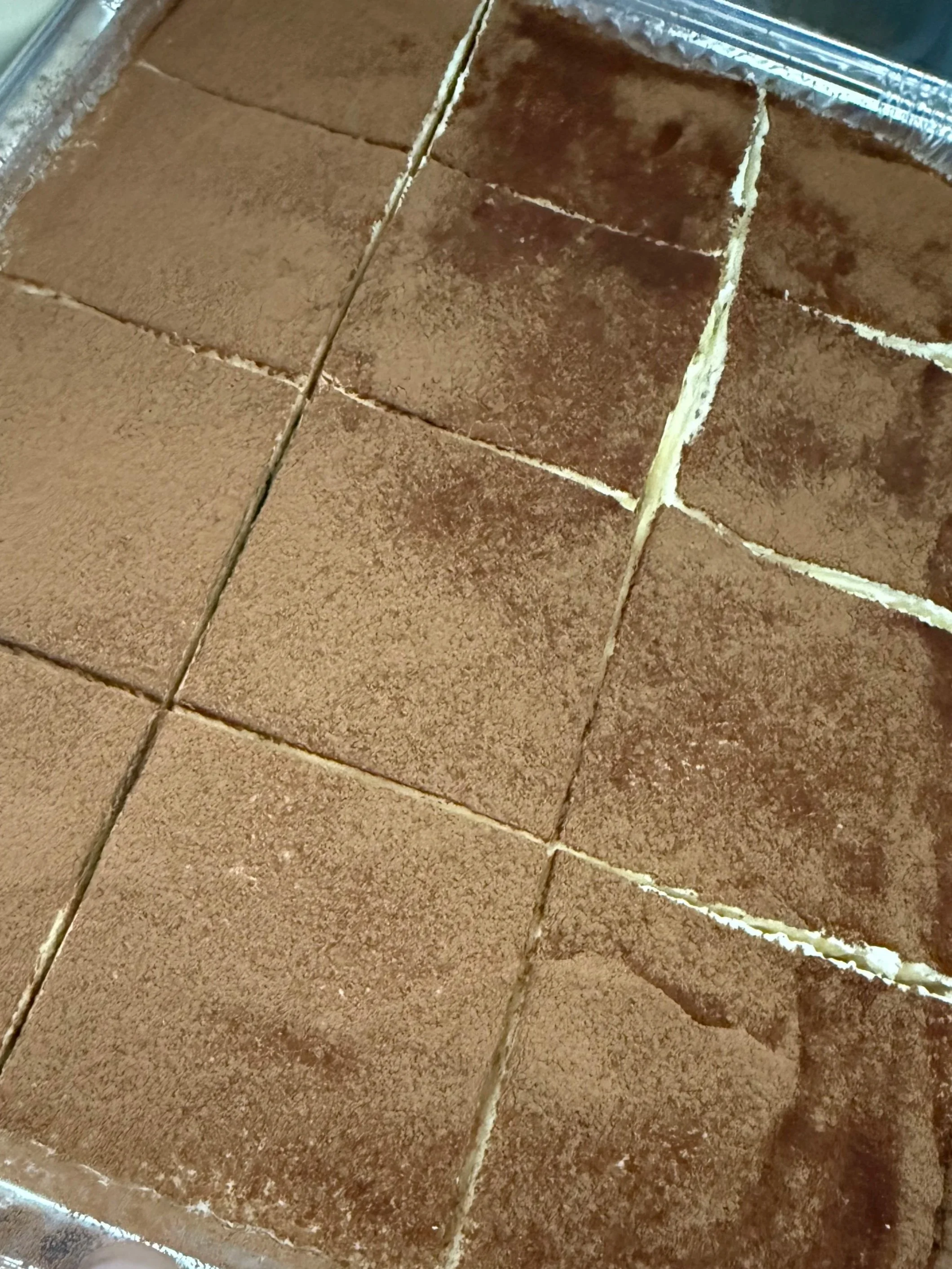 Close-up of nine square pieces of tiramisu dessert with cocoa powder dusted on top.