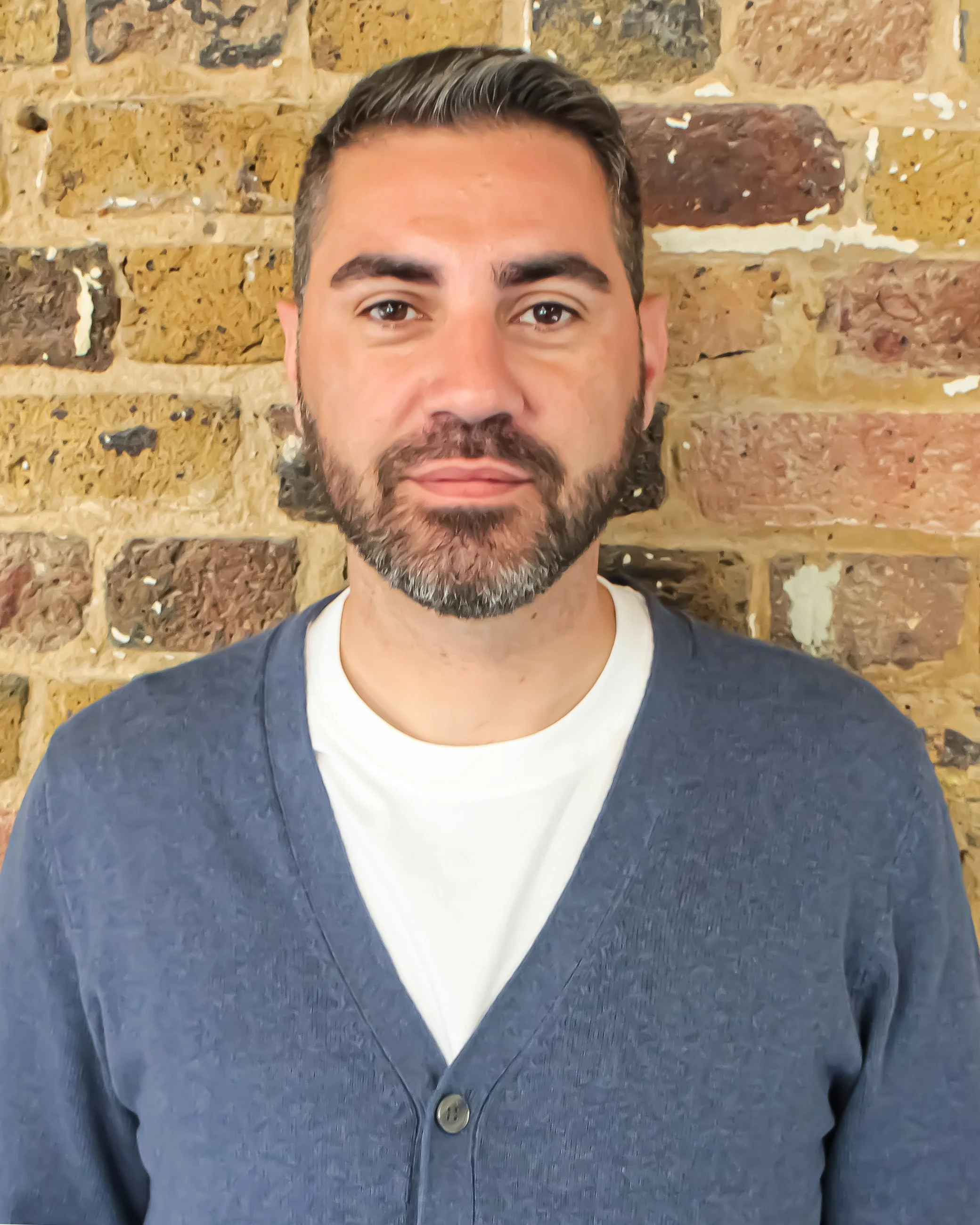 A man with dark hair, beard, and mustache, wearing a white T-shirt and a dark blue cardigan, standing in front of a brick wall.