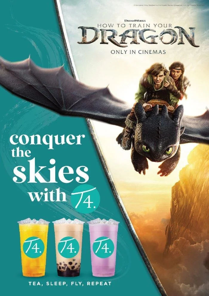 Promotional poster for the movie 'How to Train Your Dragon', showing two characters riding a dragon, with the title and tagline 'Conquer the skies with 74' and drinks at the bottom labeled 'Tea, Sleep, Fly, Repeat'.