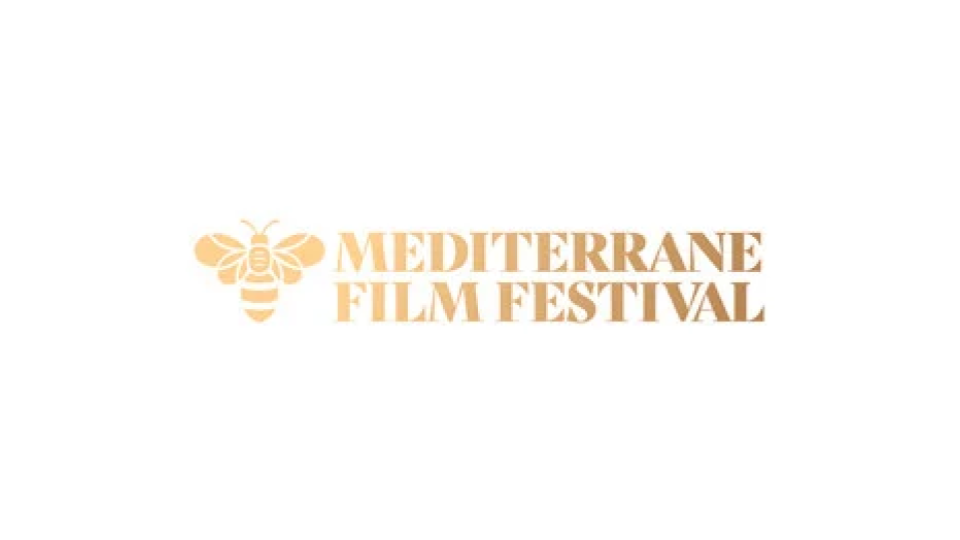 Logo for the Mediterranean Film Festival featuring a stylized bee and text in shades of orange.