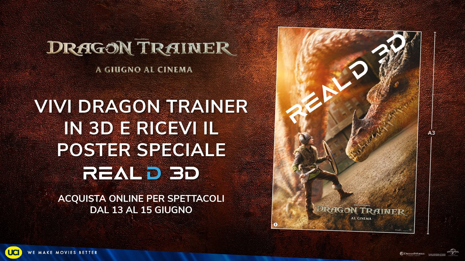 A promotional poster for the movie 'Dragon Trainer' showing a young warrior with a shield and sword facing a dragon. The poster advertises online 3D ticket sales from June 13-15 and features the text 'Real D 3D' with a textured red background.