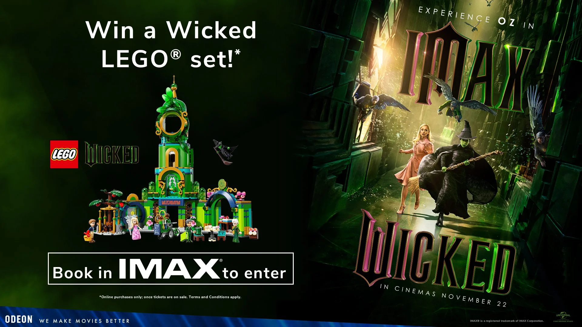 Promotional poster for the movie Wicked with a LEGO Wicked set on the left and a fantasy scene from the movie on the right, featuring characters and a green-lit background.
