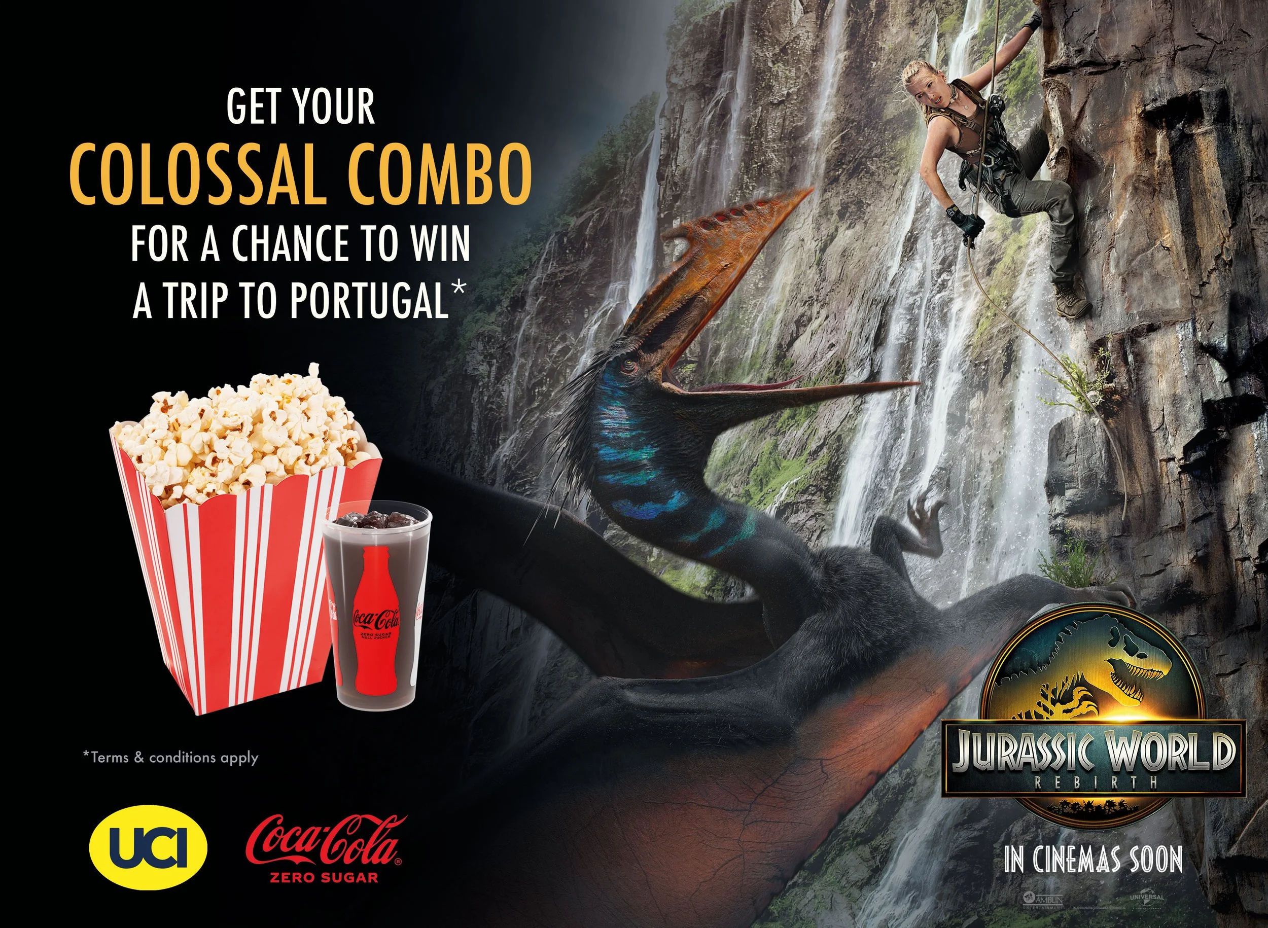 A promotional poster for Jurassic World Rebirth featuring a woman climbing a dinosaur's neck, with a Pterodactyl flying nearby, water falling on a cliff in the background, and a contest to win a trip to Portugal with popcorn and Coca-Cola Zero Sugar