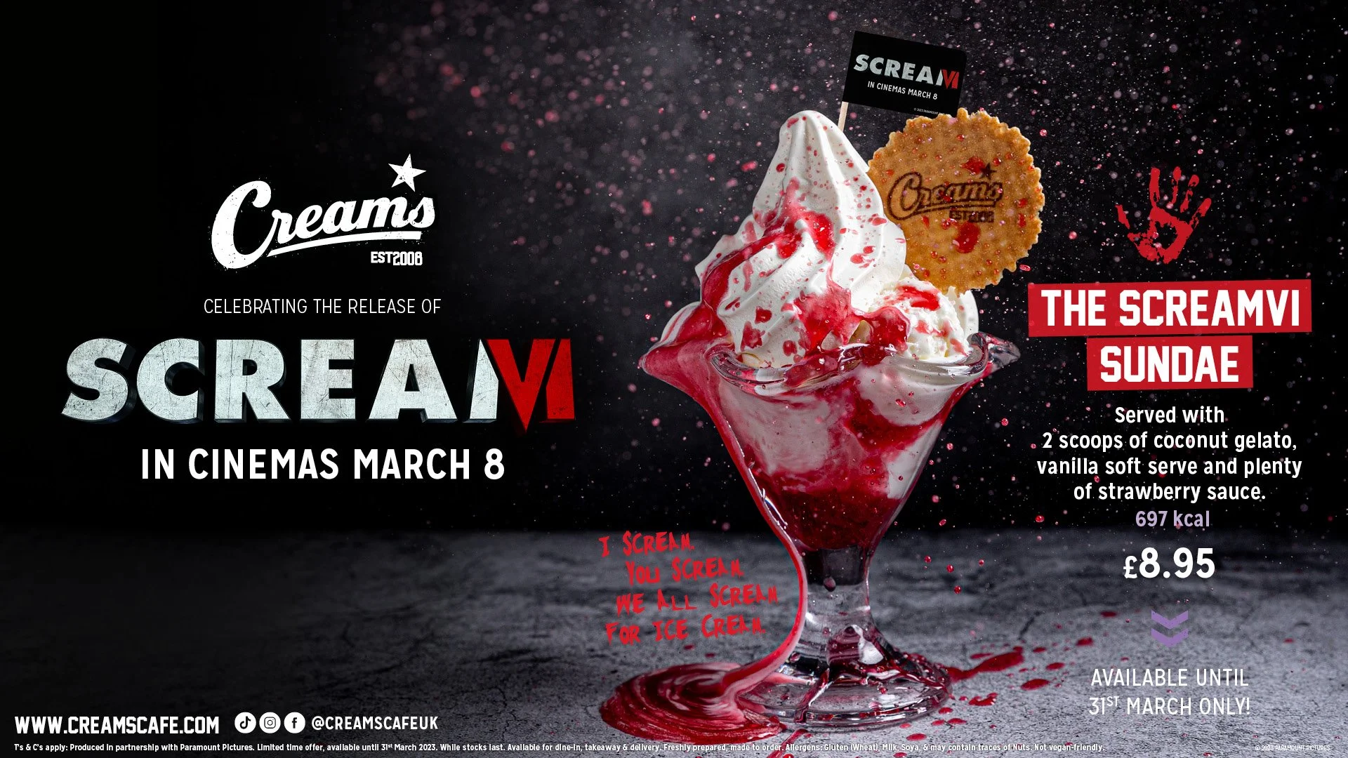 Promotional poster for Cream's Screamvi Sundae featuring whipped ice cream with strawberry sauce, a cookie, and a small Halloween-themed sign, with text details about the release and ingredients.