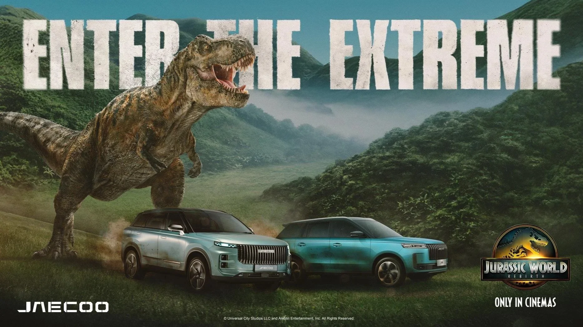 A large T-Rex dinosaur is depicted in front of two luxury cars, with a jungle and mountains in the background, advertising the movie 'Jurassic World: Rebirth' at a cinema.