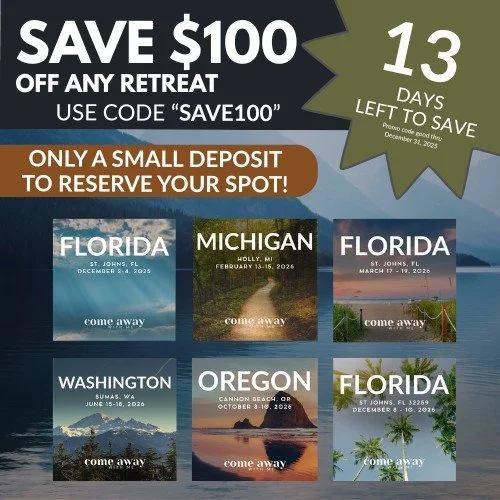 Sometimes the bravest thing you can do is step away.

Save $100 off any Come Away retreat
with code SAVE100
Only 13 days left to use it.

Just a small deposit holds your place.
Florida, Michigan, Washington, Oregon.

Register here: https://www.kallah