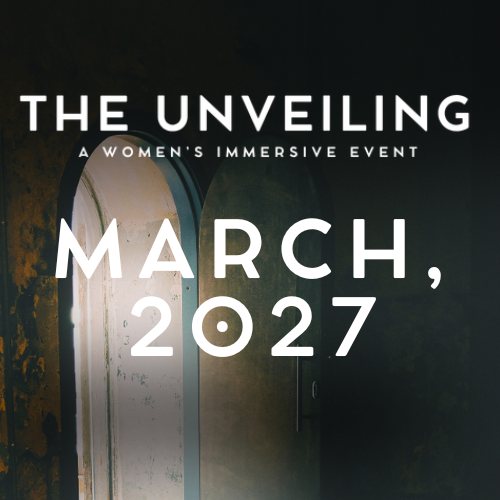 A Christian silent retreat. Event poster for 'The Unveiling,' a women's immersive event on March 27, 2027, with a dark background and a window with light shining through.