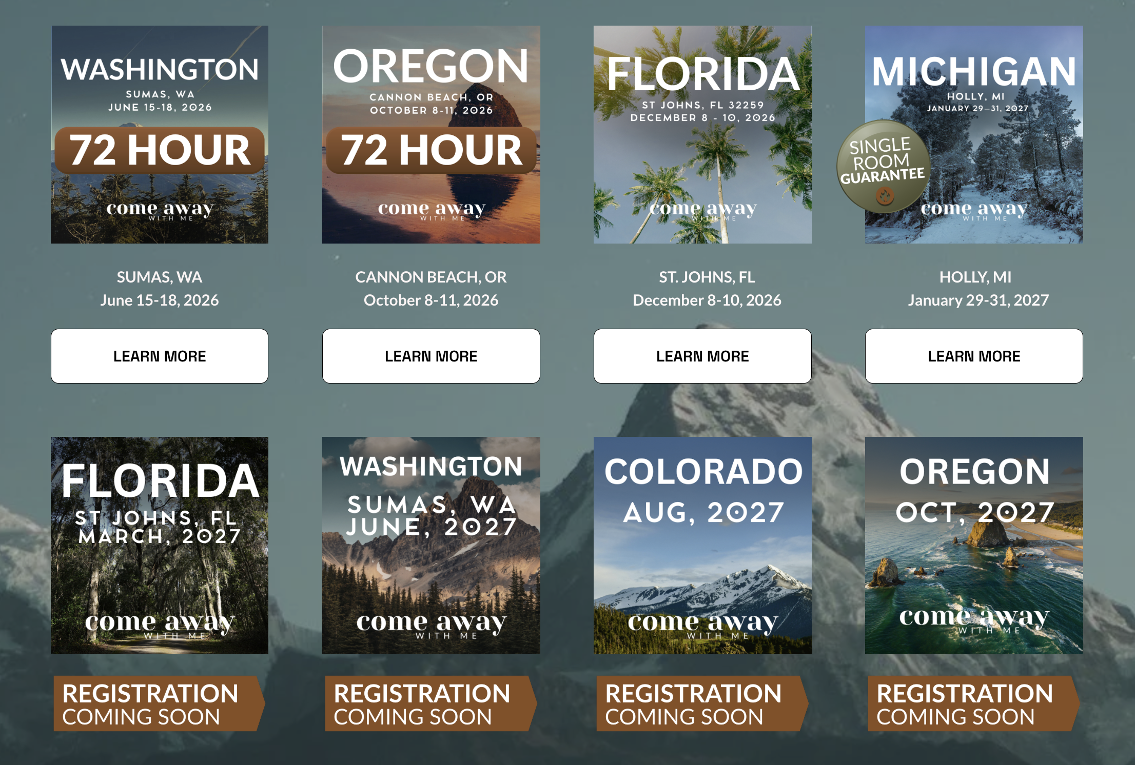 Travel advertisement showing four destination cards for Washington, Oregon, Florida, and Michigan with travel dates, 72-hour guarantee, and registration buttons, set against mountain and nature backgrounds.