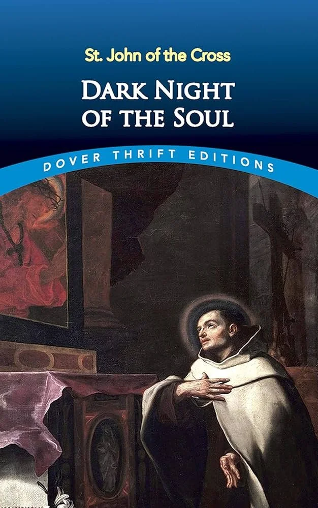 Christian silent retreats | "St. John of the Cross: Dark Night of the Soul" with a dark, religious-style painting of a saintly figure with a halo, in a contemplative pose, against a dark background.