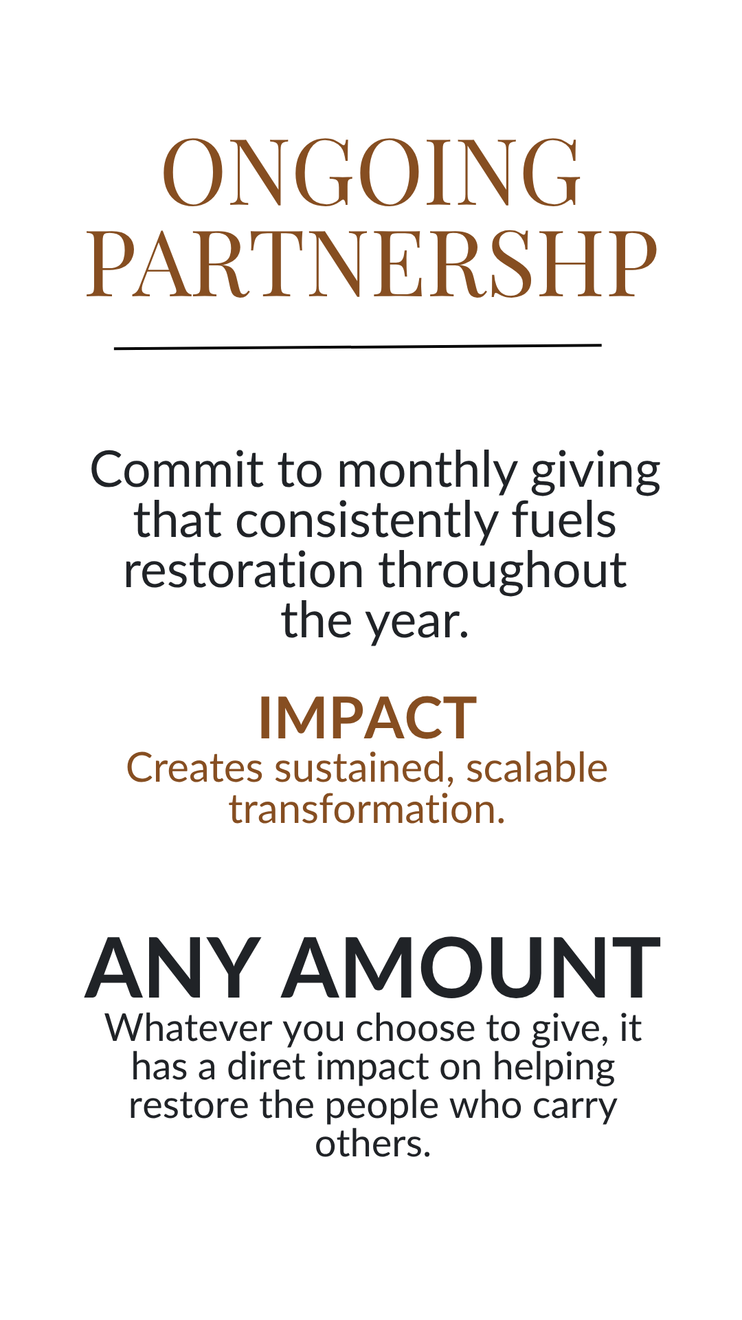A poster about ongoing partnerships emphasizing commitment to monthly giving and its impact, highlighting that any amount helps restore and support others.