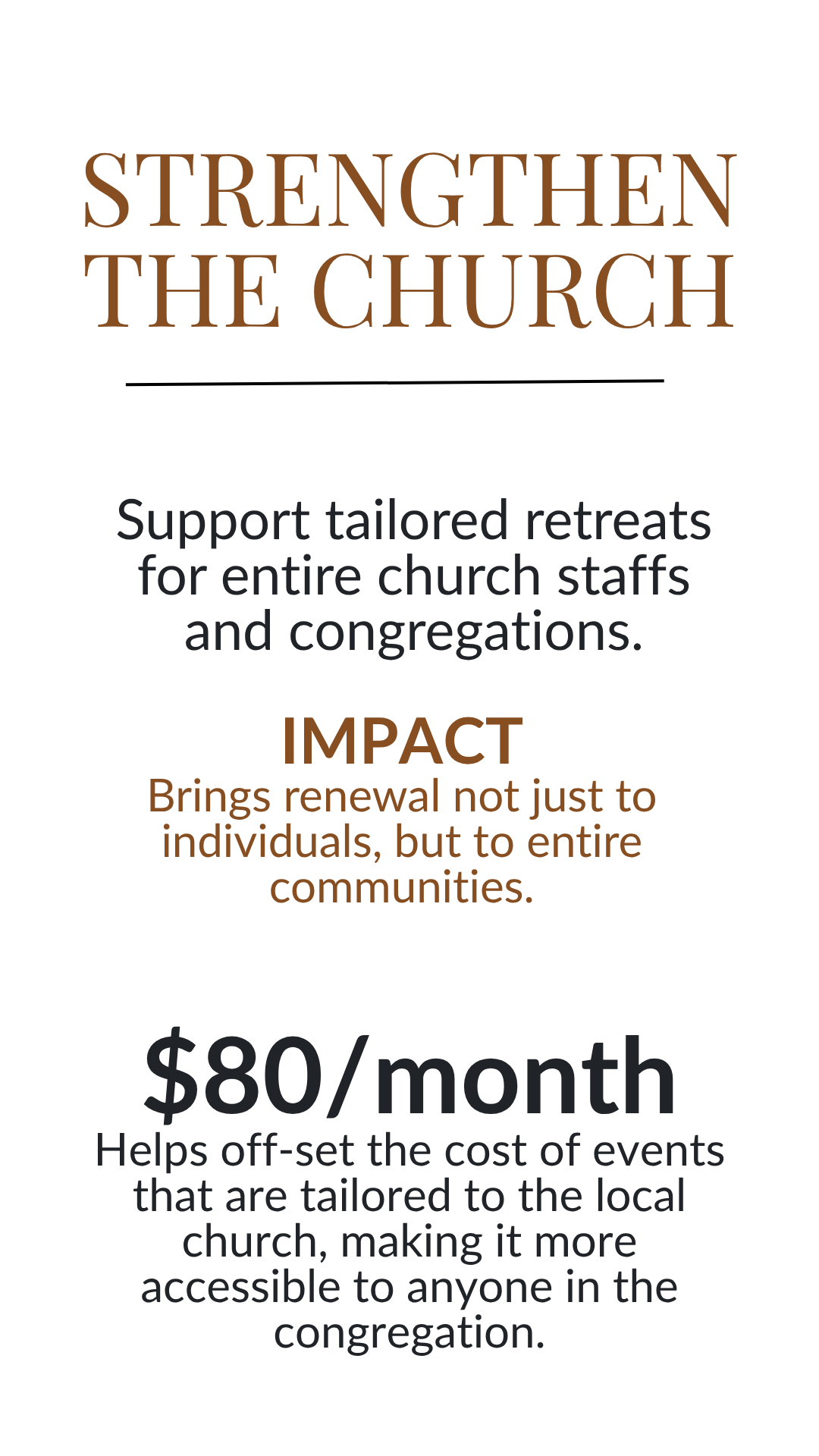 Flyer for a church retreat program emphasizing strengthening the church, with details about support, impact, cost, and benefits.