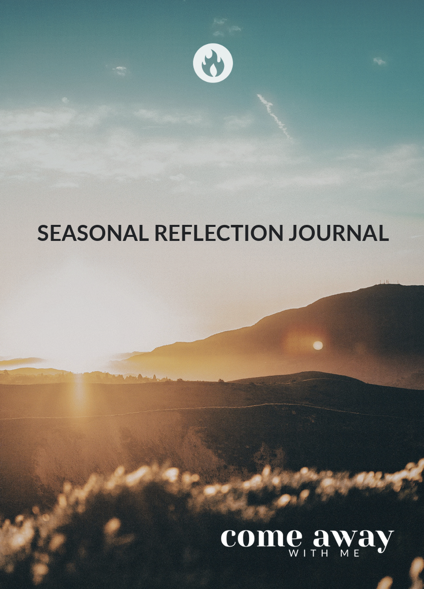 Sunset over a range of hills with a partly cloudy sky, promoting a seasonal reflection journal titled 'Come Away with Me'.