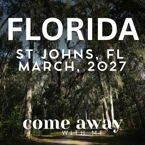 A promotional poster for an event in Florida, featuring a wooded trail with moss-covered trees, date March 2027, and the phrases "come away with me" and location St. Johns, FL. A Christian silent retreat.