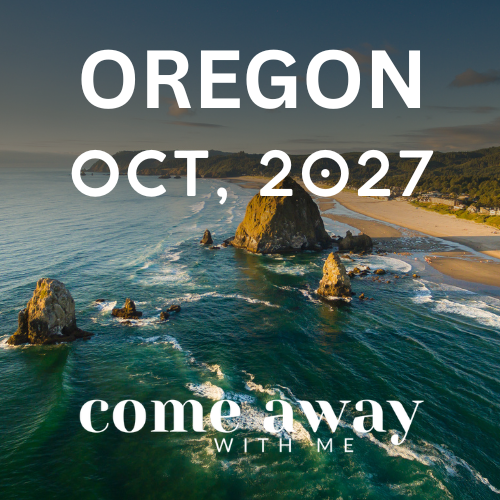 A coastal scene in Oregon with rocky shoreline and ocean waves, overlaid with white text reading "OREGON OCT, 2027 come away WITH ME." A Christian silent retreat.