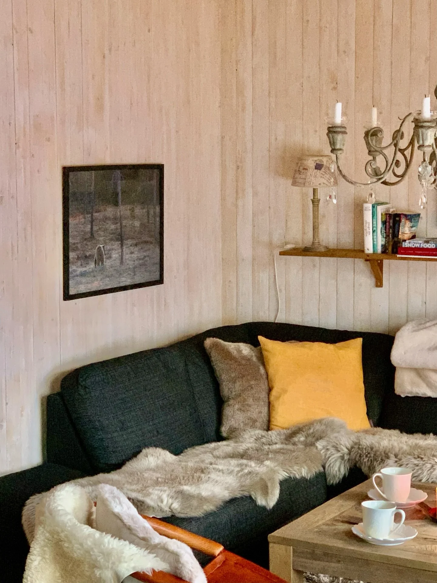 Ig&aring;r hittade bj&ouml;rntavlan sitt rum p&aring; Vemdalsskalet. En ny gr&ouml;n soffa &auml;r best&auml;lld och den kommer locka fram det gr&ouml;na och rostr&ouml;da i tavlan. 

&rdquo;Hej Malin!  Nu sitter tavlan p&aring; sin plats tror vi. Vi