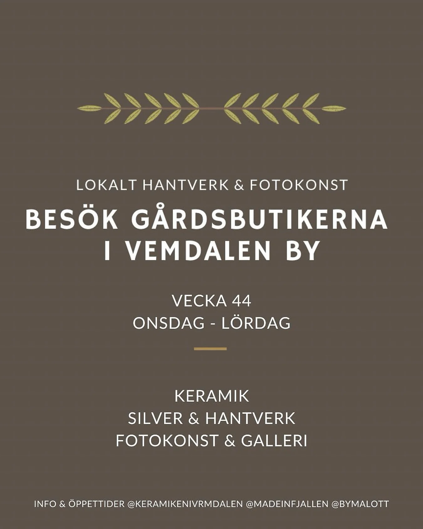 H&ouml;stlov i Vemdalen och s&auml;songspremi&auml;r f&ouml;r g&aring;rdsbutikernas gemensamma &ouml;ppetdagar! ✨🍂

Vemdalen bjuder in till h&ouml;stlovsfestligheter v44 och tre av byns g&aring;rdsbutiker h&aring;ller &ouml;ppet samtidigt! Passa p&a