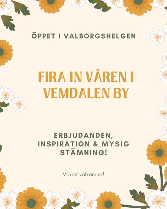 Valborgshelg i Vemdalen 🌱📸🔥 Flera av byns butiker h&aring;ller &ouml;ppet och hos mig &auml;r du varmt v&auml;lkommen under hela helgen.

&Ouml;ppettider:
📍 1 maj kl. 10&ndash;14
📍 2&ndash;3 maj kl. 11&ndash;16

Den 2&ndash;3 maj &auml;r galleri