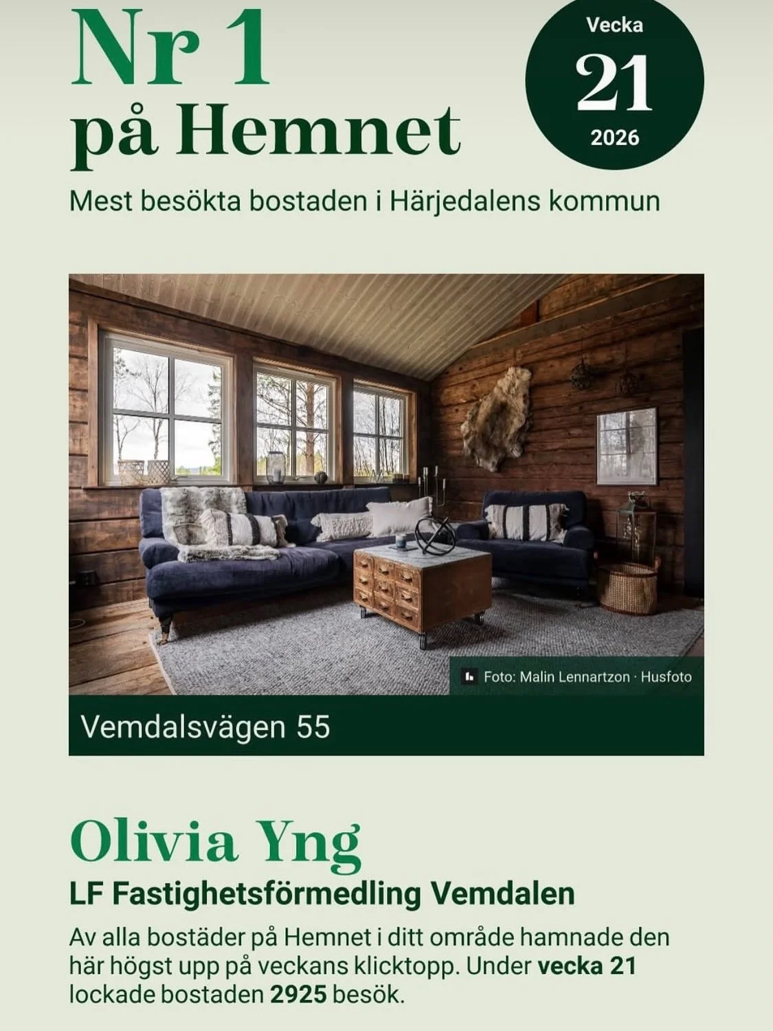 S&aring; himla kul att bildserien slog igenom p&aring; Hemnet. Ett objekt som v&auml;ckte det b&auml;sta i mig som bostadsfotograf 🤎📸🌲

📸 Hela bildserien visas av @maklareolivia p&aring; @lansfastvemdalen 

#vemh&aring;n #kvisth&aring;n #vemdalen