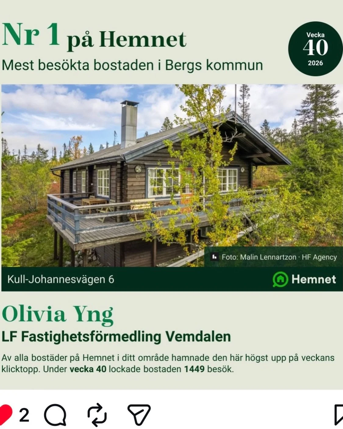 #1 p&aring; Hemnet. Fj&auml;llstugan jag fotograferade &aring;t @maklareolivia blev den &rdquo;mest bes&ouml;kta bostaden i Bergs kommun&rdquo; under vecka 40.

Kul n&auml;r bilderna f&aring;r g&ouml;ra jobbet. Fina milj&ouml;er, r&auml;tt ljus och b