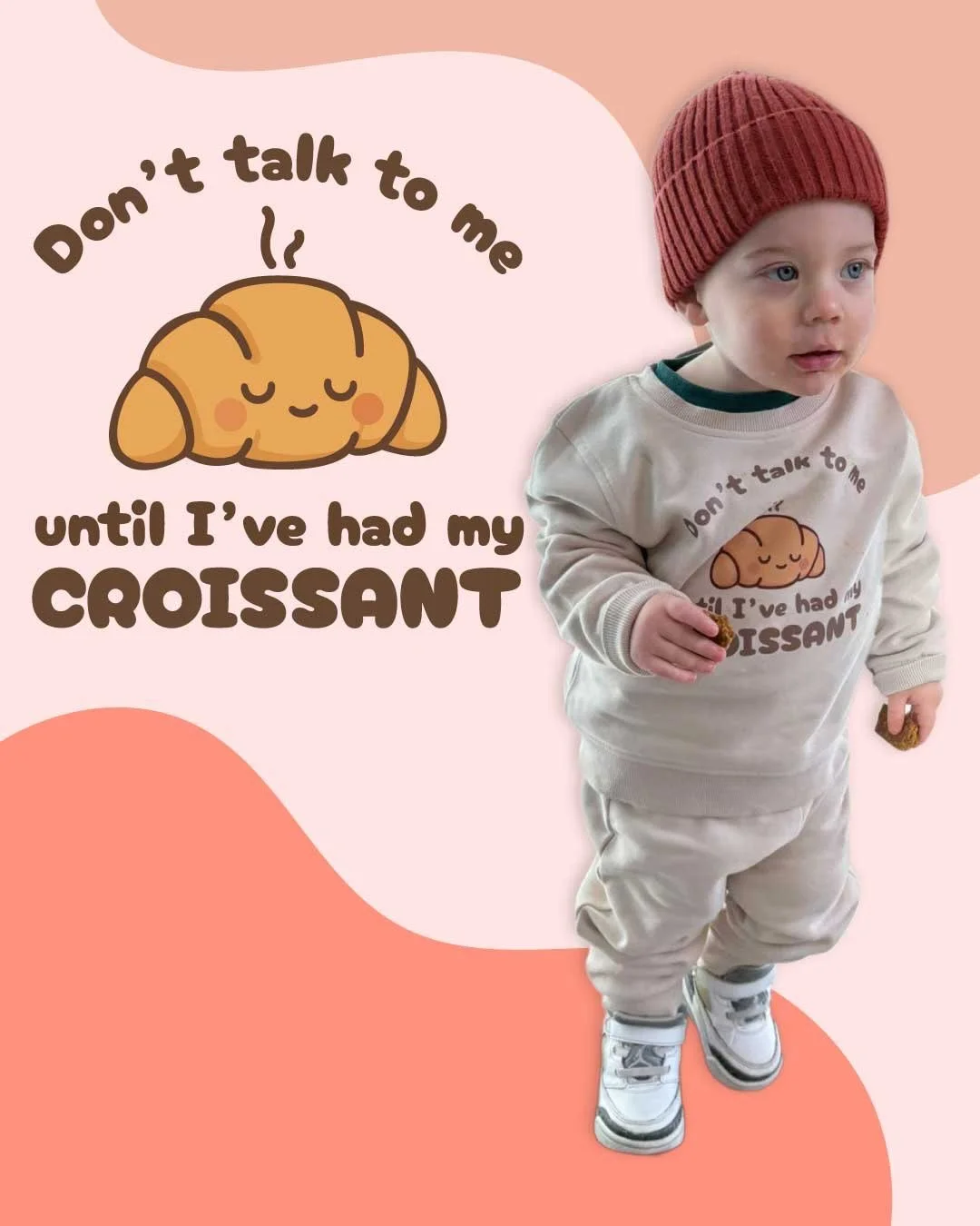 Leighton rocking his new tracksuit! He loves a croissant, so it&rsquo;s a very fitting quote &ldquo;Don&rsquo;t talk to me until I&rsquo;ve had my croissant&rdquo; 🥐 ❤️ 

#croissant #tracksuit #customclothing #illustration #graphicartist