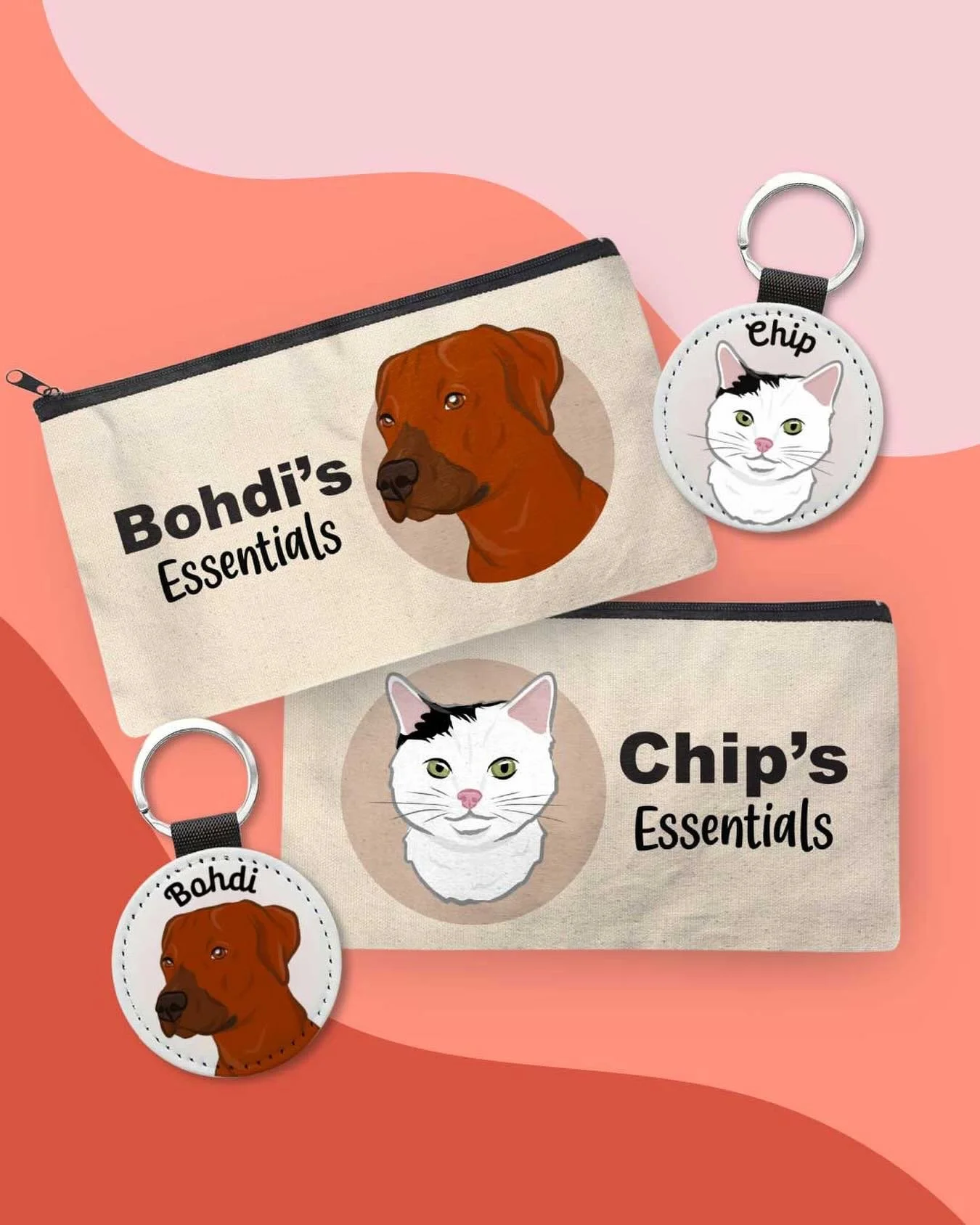 It&rsquo;s been a while since I created any custom pet products, so I enjoyed designing and pressing these zipper pouches and keyrings for Chip and Bohdi 🐾 ❤️ 

#petportrait #customisedgifts #cricut #illustration #design