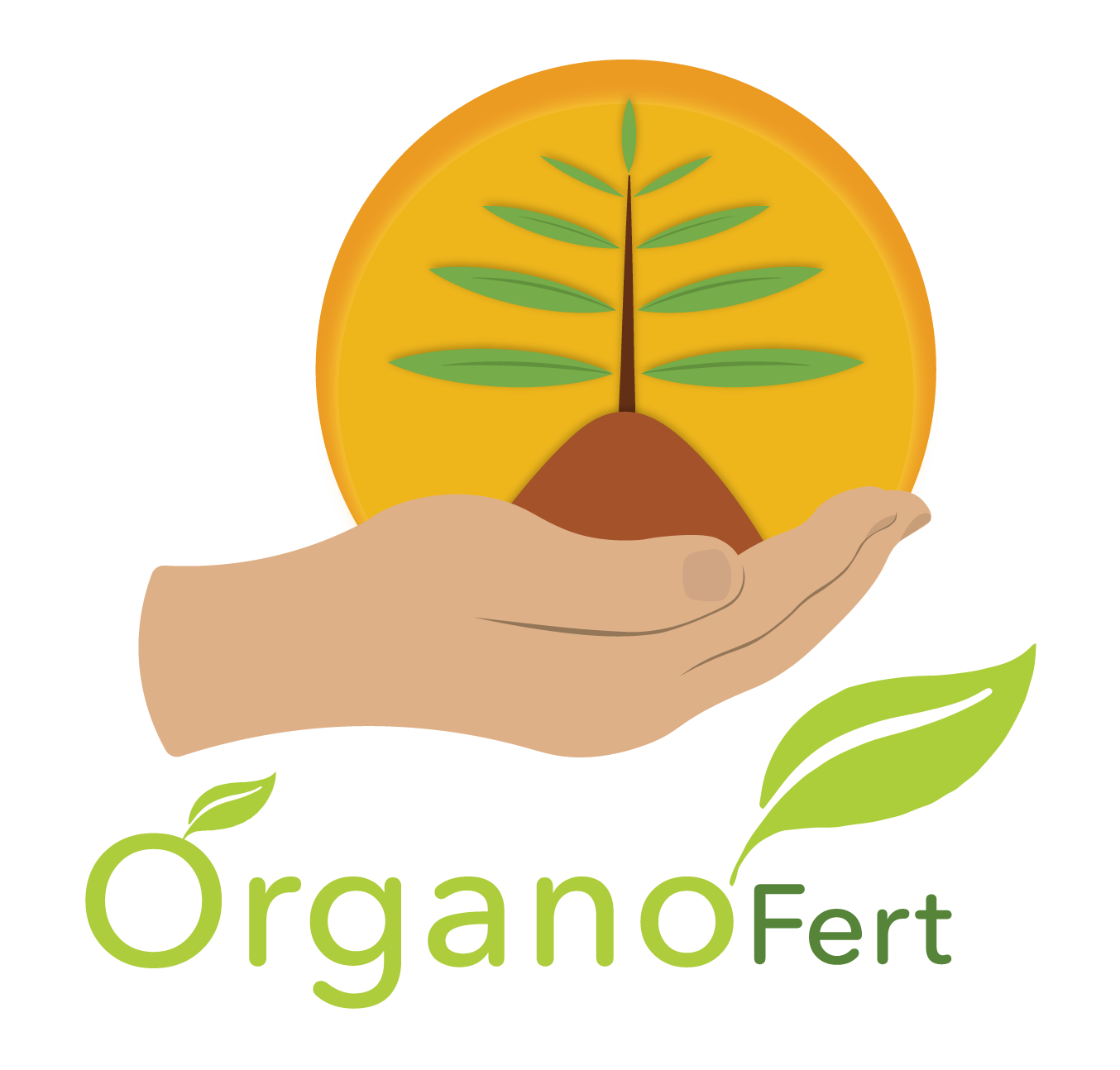 OrganoFert's logo. a hand holding a small mound of soil with a small plant beginning to grow on itin its hand.