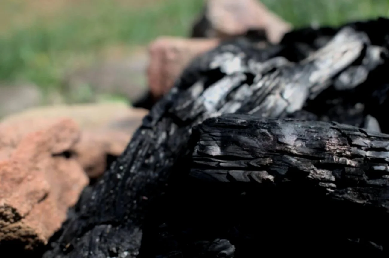 Close-up of burning wood and charcoal in a fire pit.