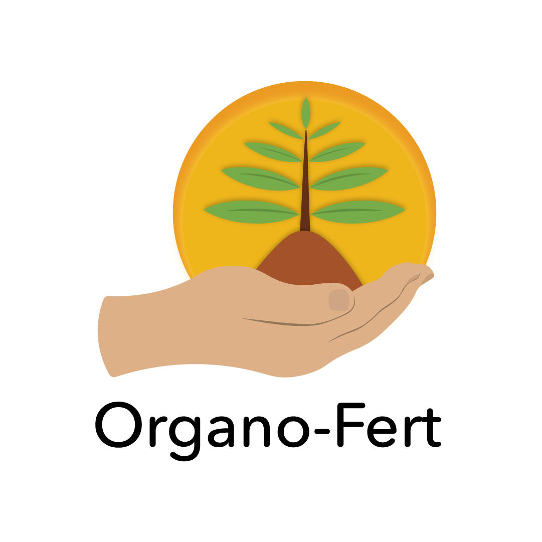 A hand holding a circular symbol with a green plant growing from brown soil inside a yellow background, with the text 'Organo-Fert' below.
