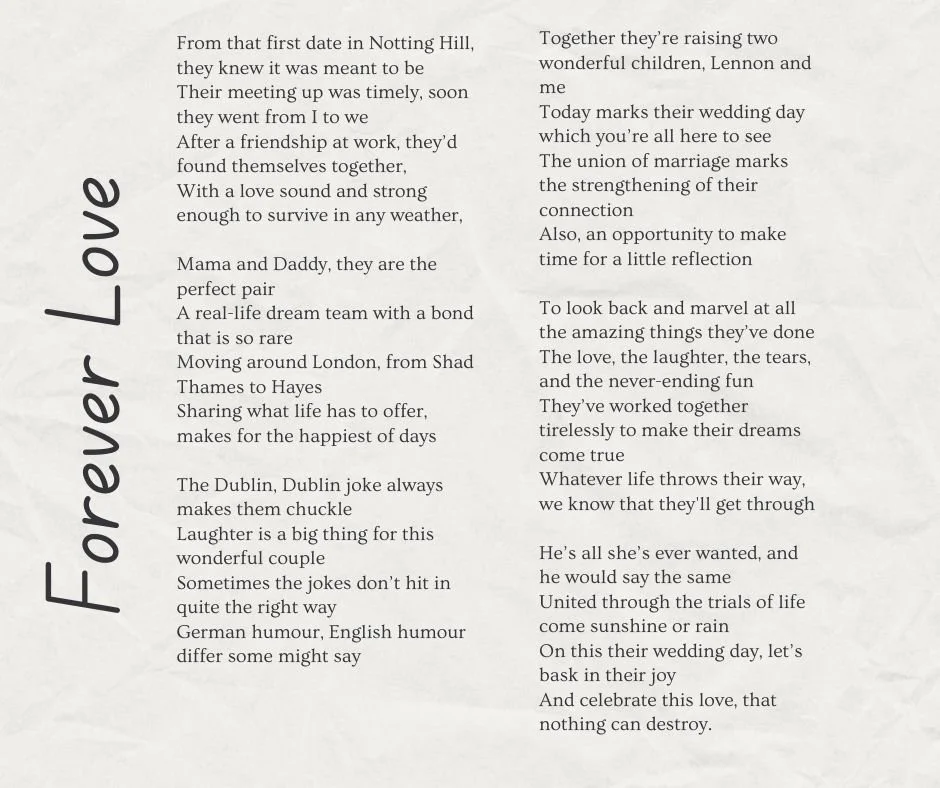 A wedding poem or speech celebrating a couple's love, marriage, and life together, with references to their journey from beginning to present, and hopes for their future.