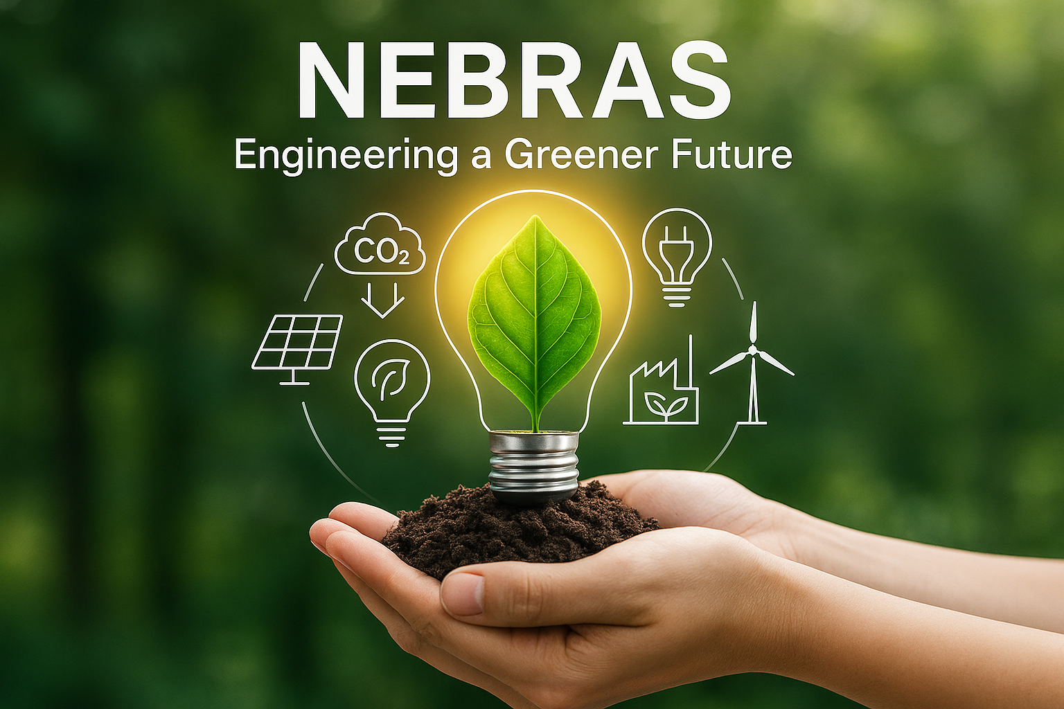 Hands holding soil with a light bulb containing a green leaf inside, surrounded by icons representing solar energy, sustainability, wind turbines, and eco-friendly innovations, with the text 'NEBRAS Engineering a Greener Future'.