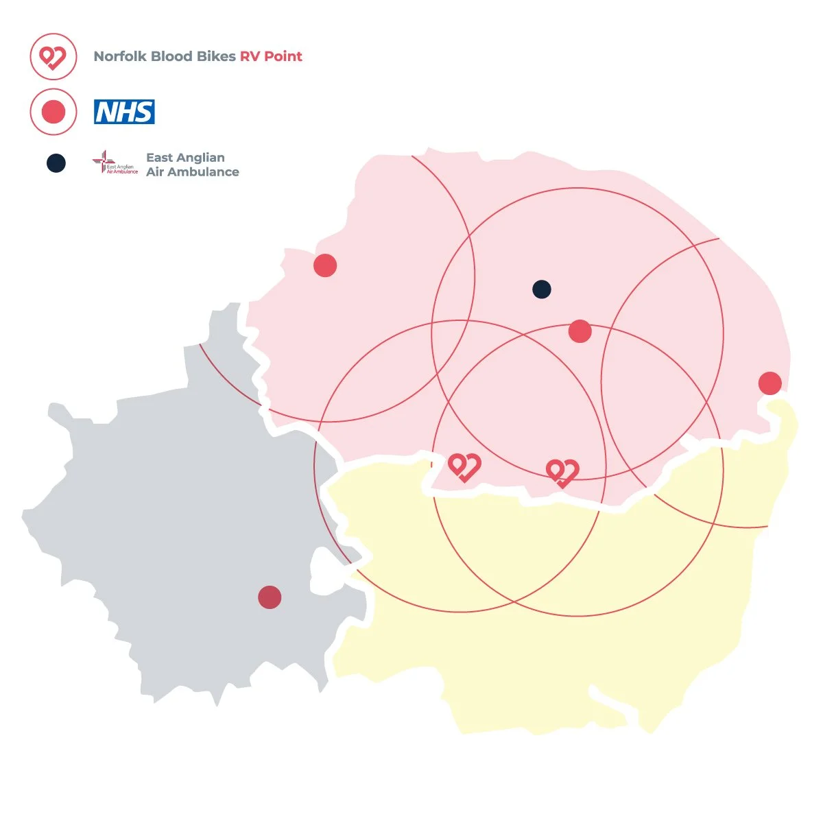 Map of England divided into regions with icons representing Norfolk Blood Bikes, NHS, and East Anglian Air Ambulance, indicating their service areas.