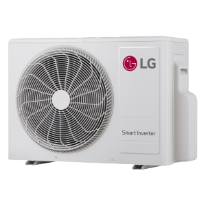 Luchtwarmtepomp van LG met logo en ventilator aan de voorkant.