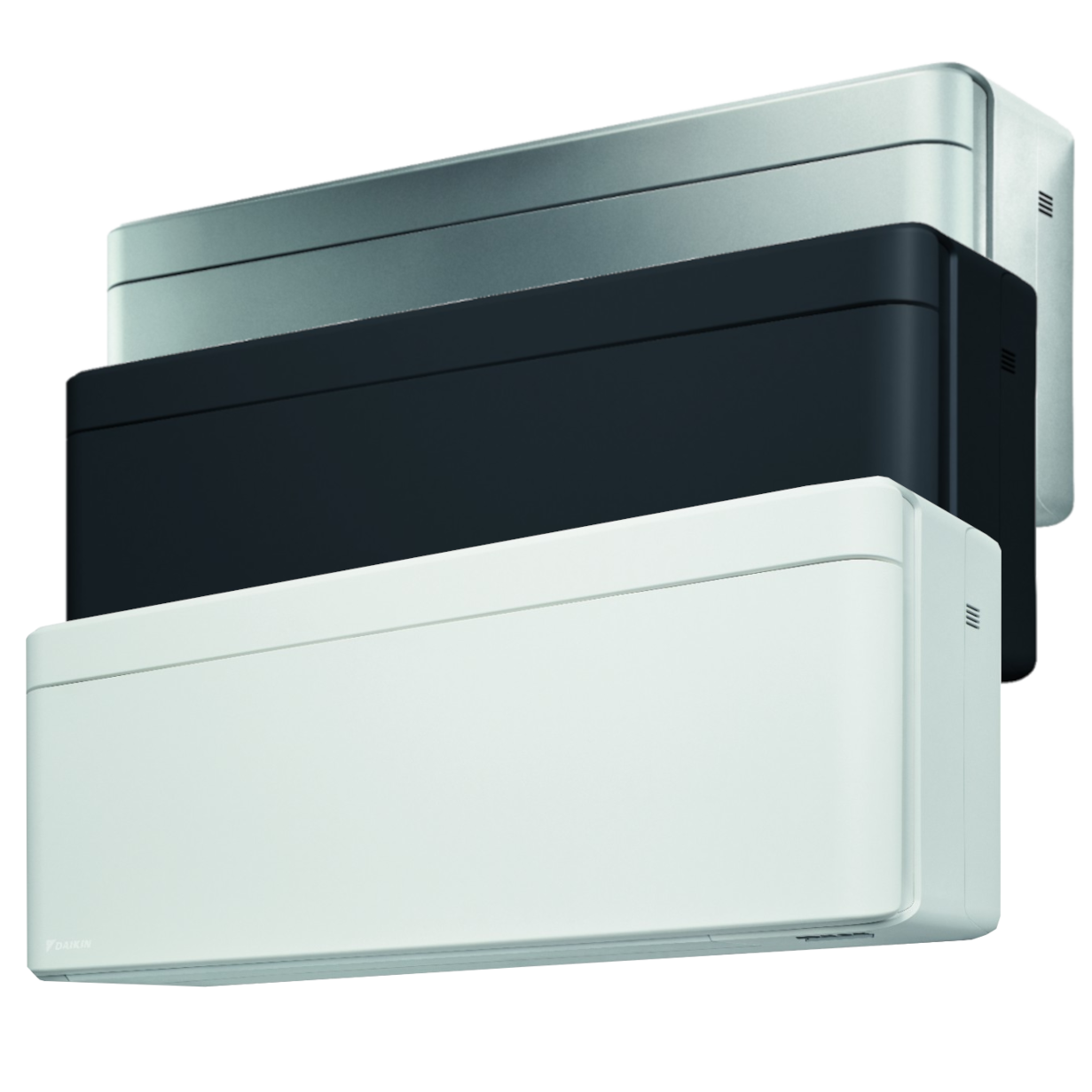 Drie airconditioners in verschillende kleuren: wit, zwart en lichtgrijs, gestapeld op elkaar.