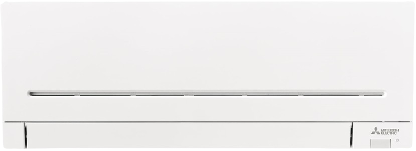 Een witte Mitsubishi Electric airconditioner of warmtepomp geïnstalleerd aan een muur.