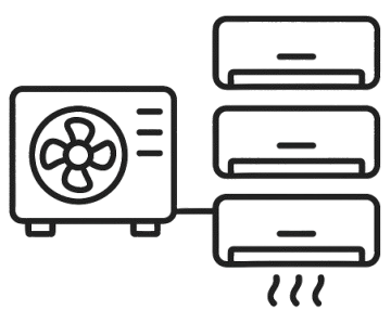 Bij een muur hangen vier airconditioningunits, met de hoogste aan de top en de laagste onderaan, allemaal in een zwart-wit schematische tekening.