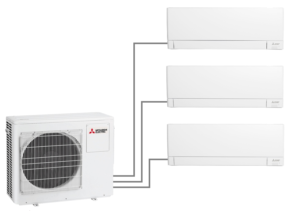 Een buitenunit van een Mitsubishi Electric airconditioningsysteem en drie binnenunits.