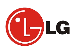 Logo van LG met een rode cirkel en een witte lachende gezichtselement.