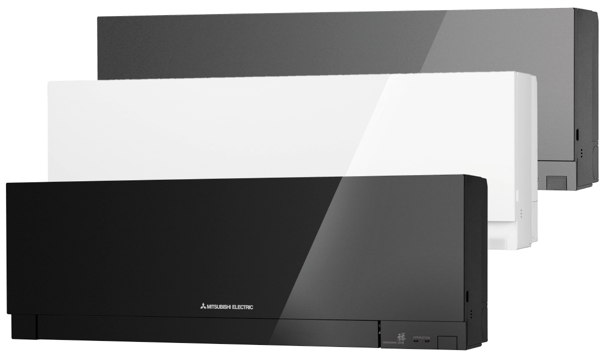 Drie Mitsubishi Electric airconditioners, zwart, wit en grijs, gemonteerd aan een muur.