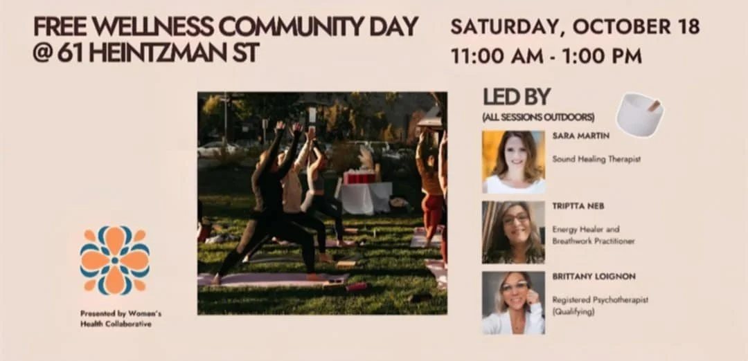 Promotional flyer for a Free Wellness Community Day hosted at 61 Heintzman Street on Saturday, October 18 from 11:00 AM to 1:00 PM. The graphic features an outdoor group yoga or wellness session taking place on a grassy lawn, with participants stretc