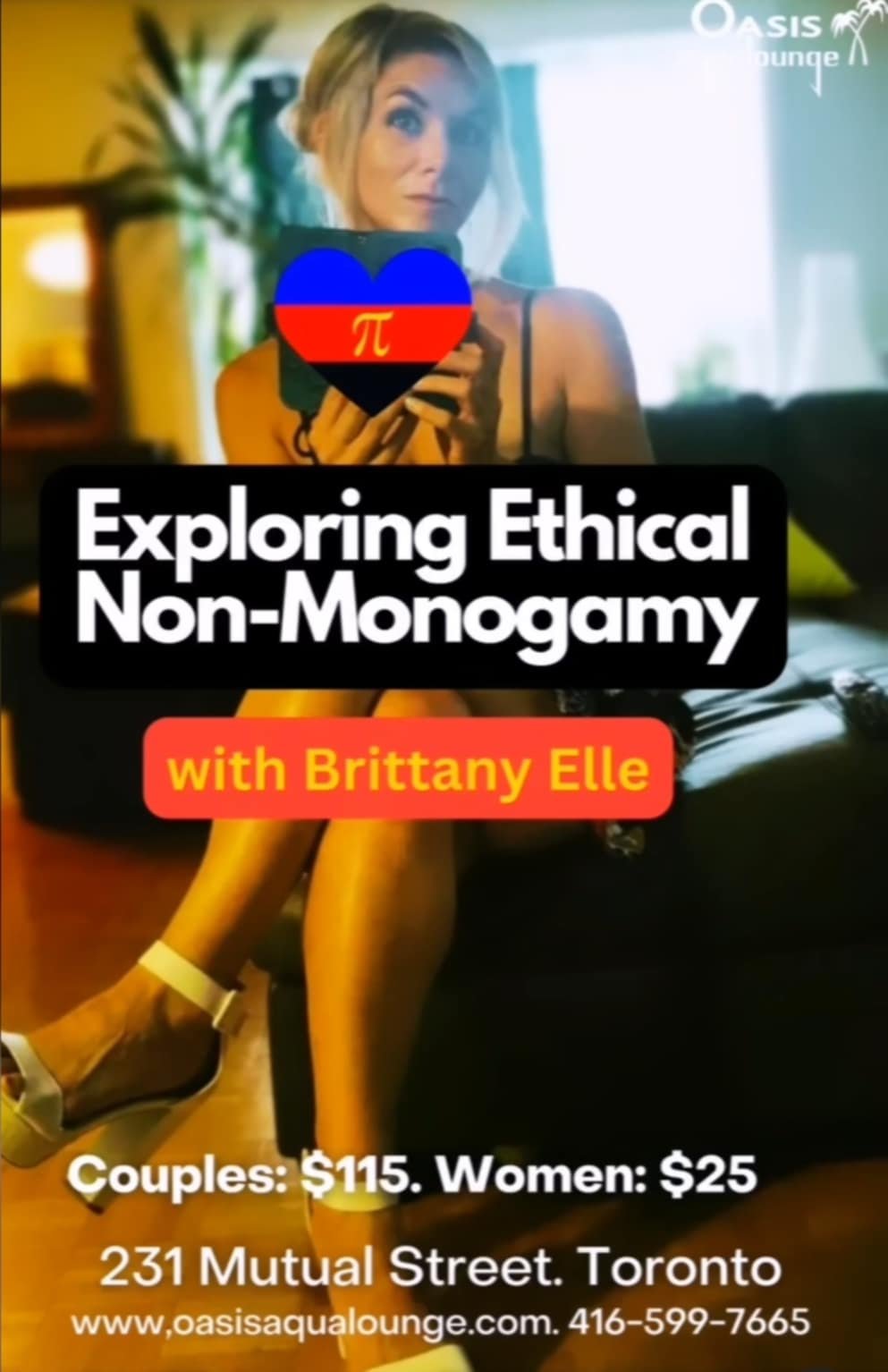 A woman sitting on a bed in a dimly lit room illuminated by a lamp, with text overlay about an event at Oasis Aqualounge exploring ethical non-monogamy with Brittany Elle, including pricing details and location in Toronto.
