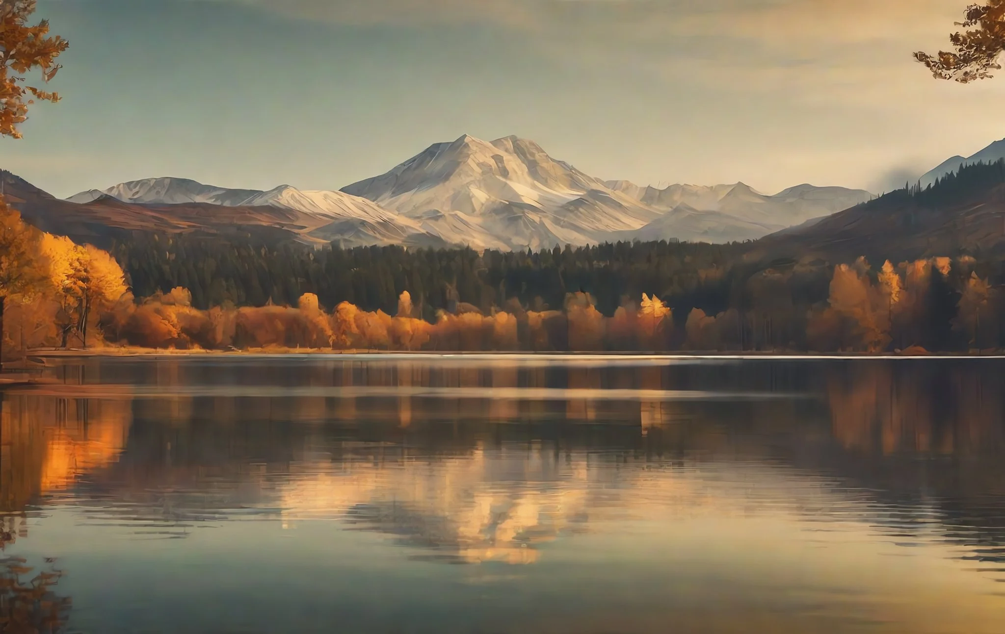 A a tree-lined lake with a single mountain in the background in a golden fall light.