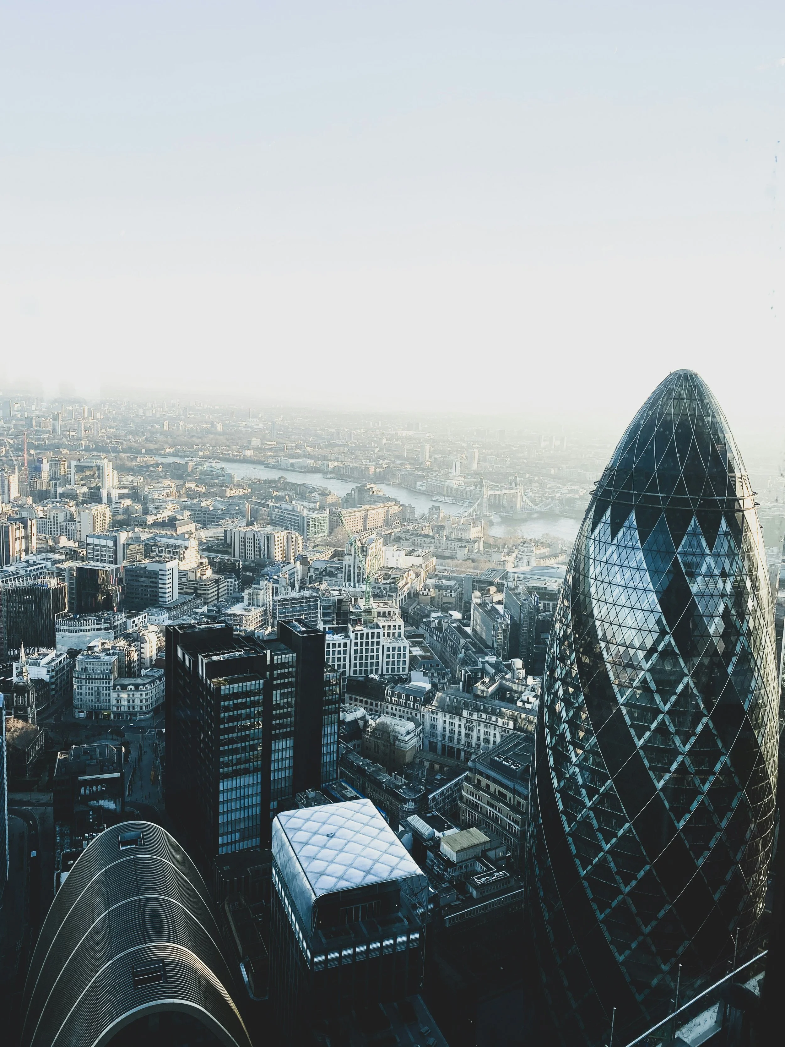 A cityscape featuring modern skyscrapers with the Gherkin building prominently visible in London, England.