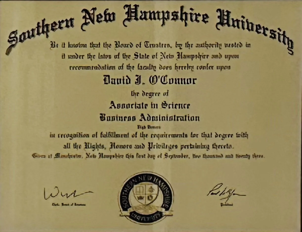 Certificate from Southern New Hampshire University awarding David J. O'Connor an Associate in Science Business Administration degree, with signatures and university seal.