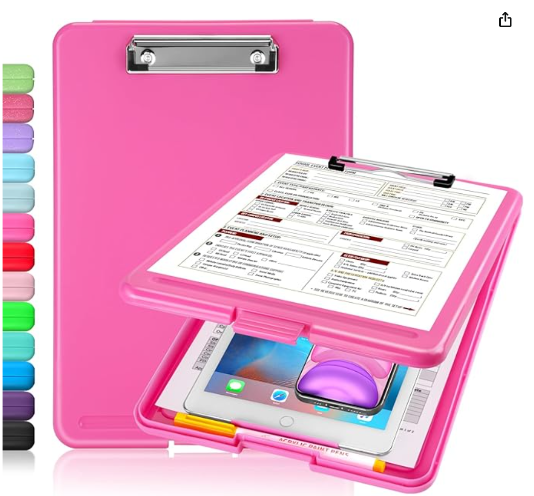 Pink clipboard with attached storage holding a smartphone, tablet, and a document, with colorful markers on the side.